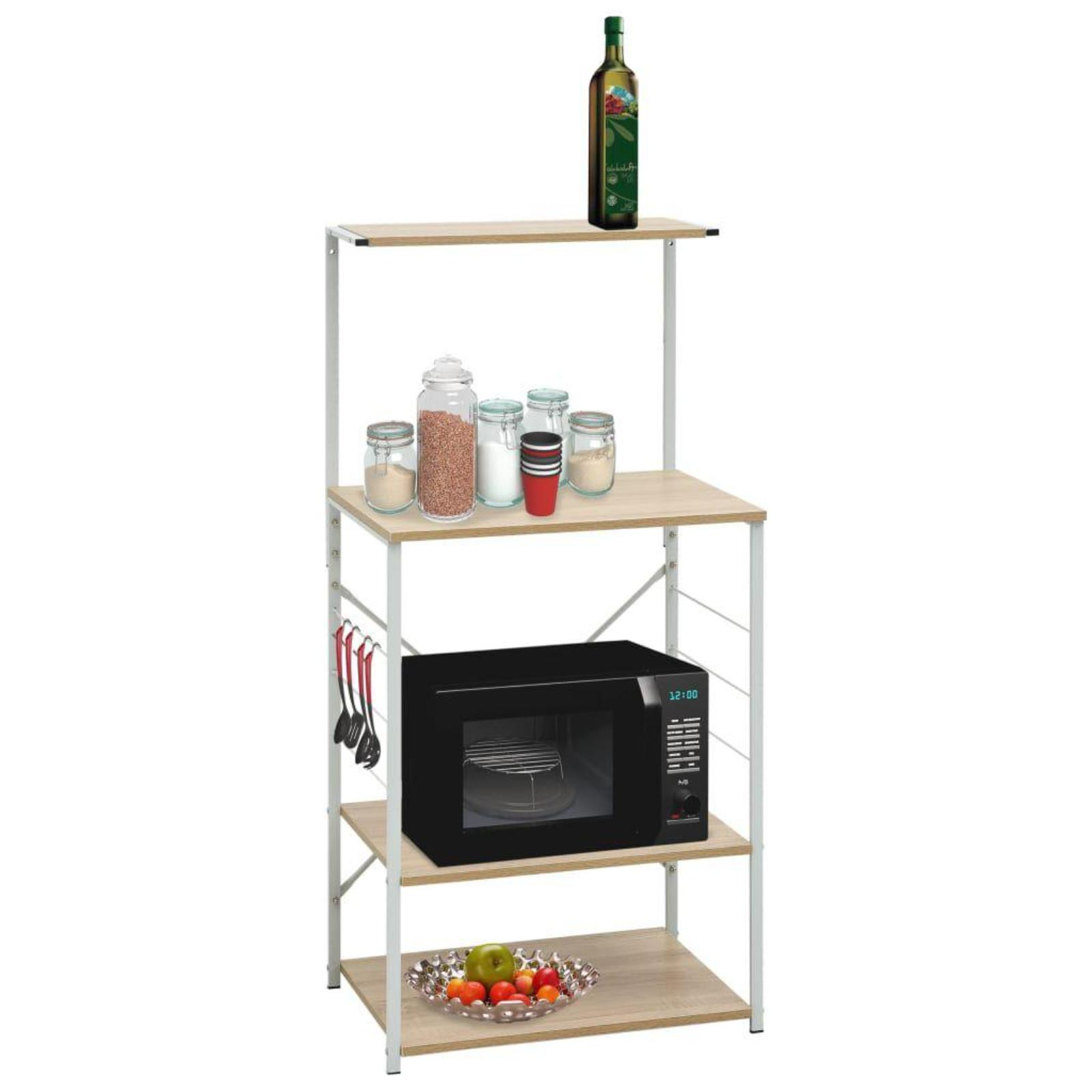 Küchenregal mit Mikrowelle, Gläsern und einer Flasche Olivenöl. Eine Schüssel Obst.
