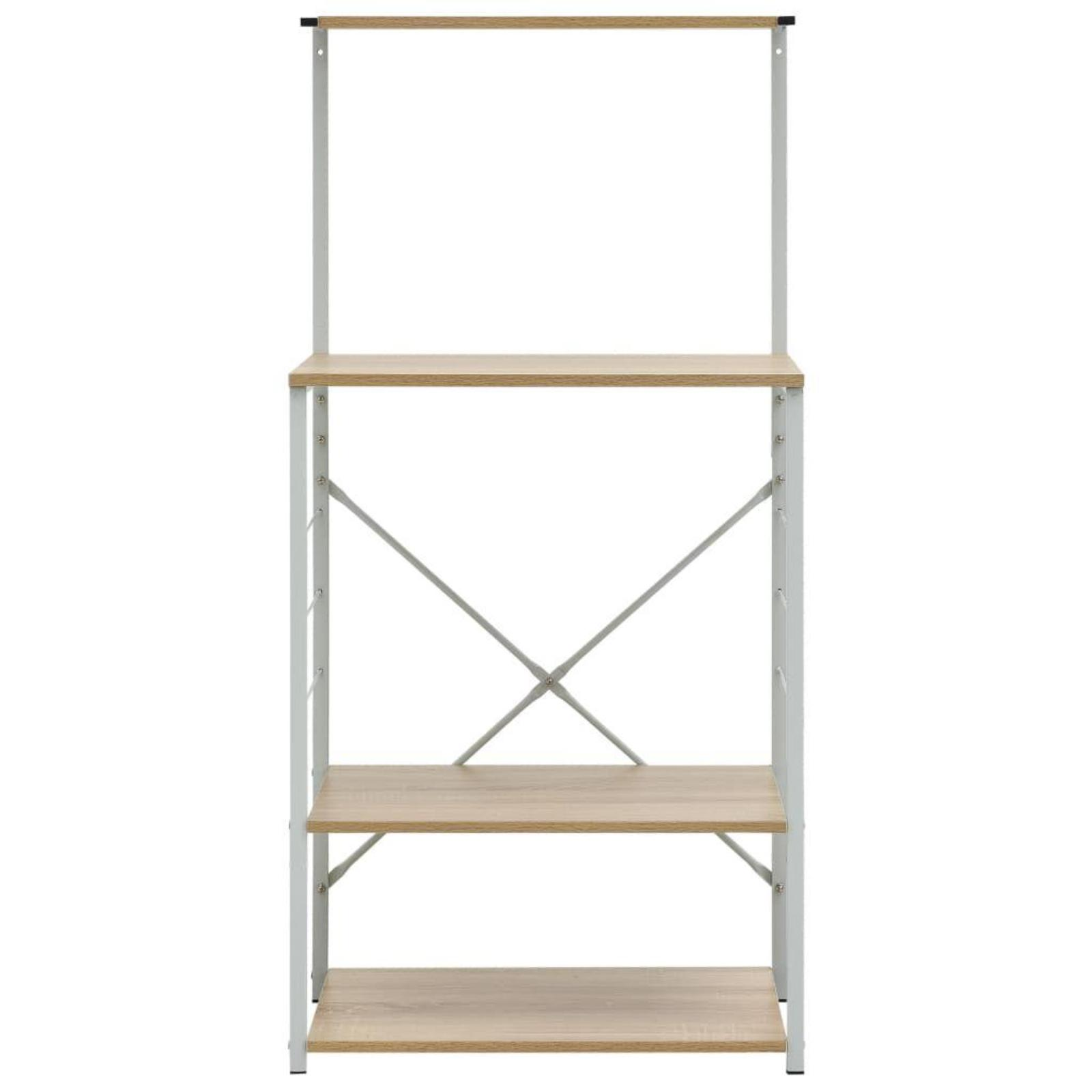 Ein dreistöckiges Holzregal mit weißen Metallstützen vor weißem Hintergrund. Es sieht leer aus.