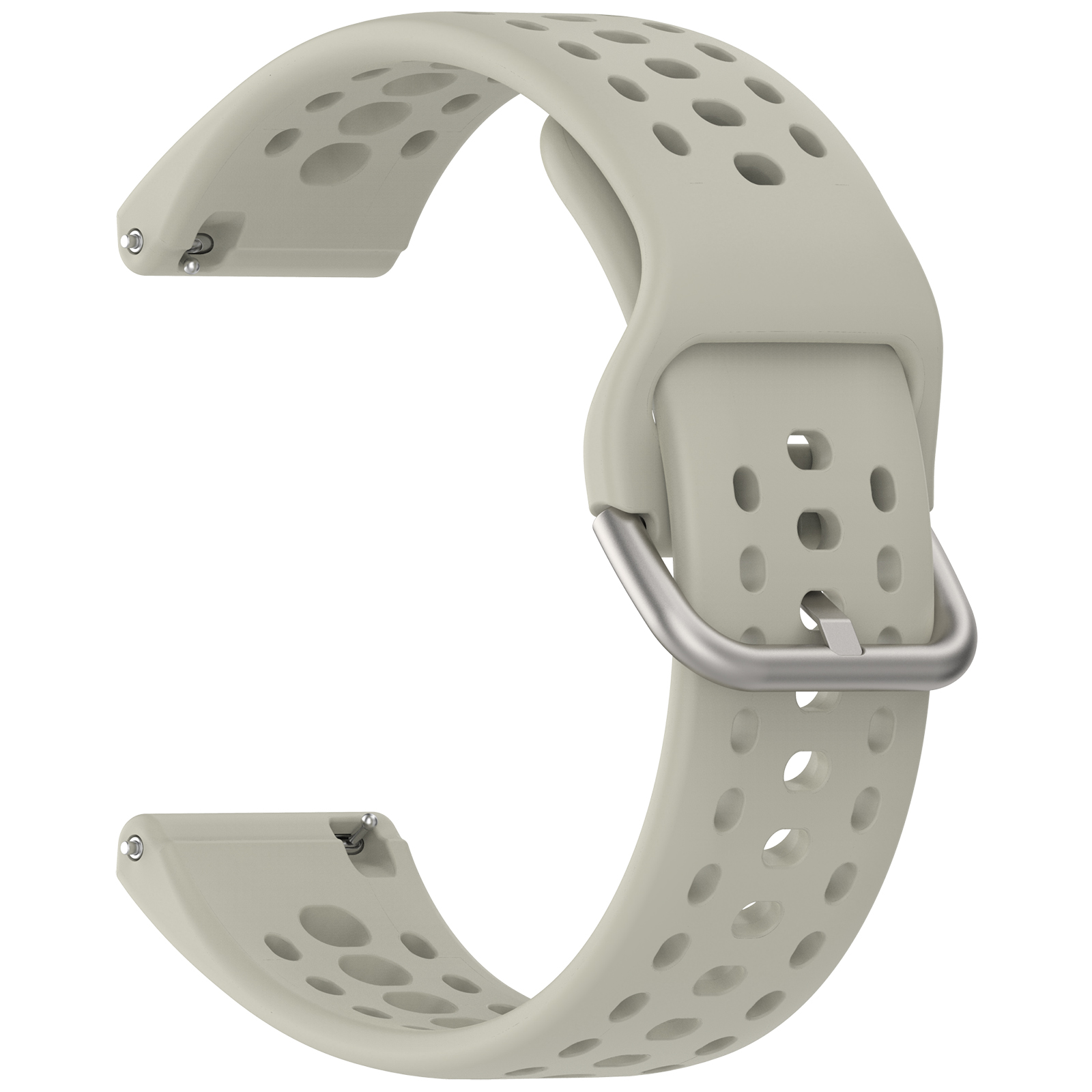 Hellgraues Uhrenarmband mit Löchern und silberner Schnalle.