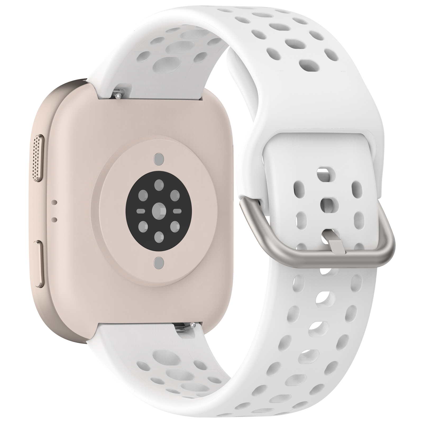 Retro di uno smartwatch con cinturino bianco.