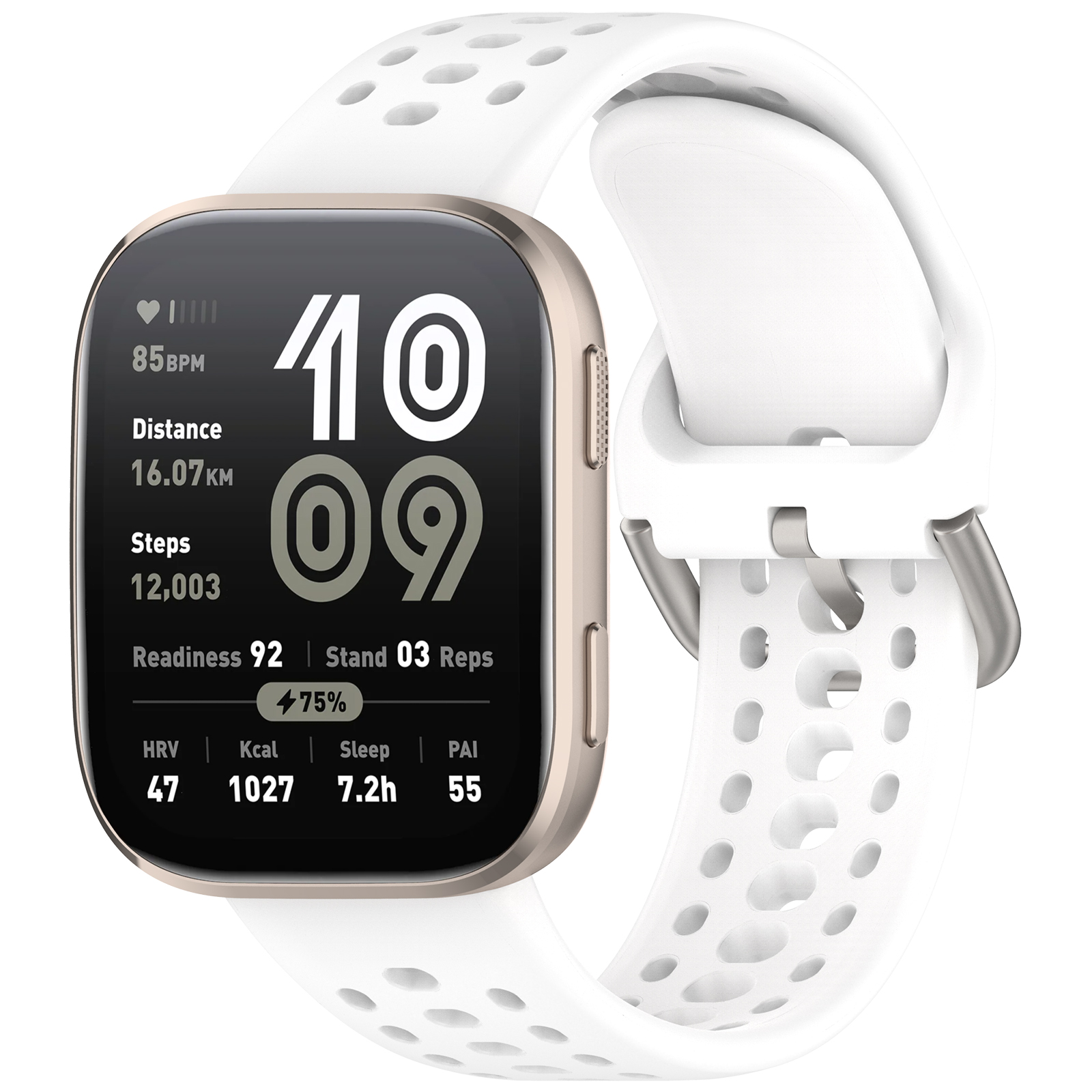Smartwatch con cinturino bianco che mostra dati: ora, statistiche e metriche di salute. Cinturino bianco e lunetta dorata.