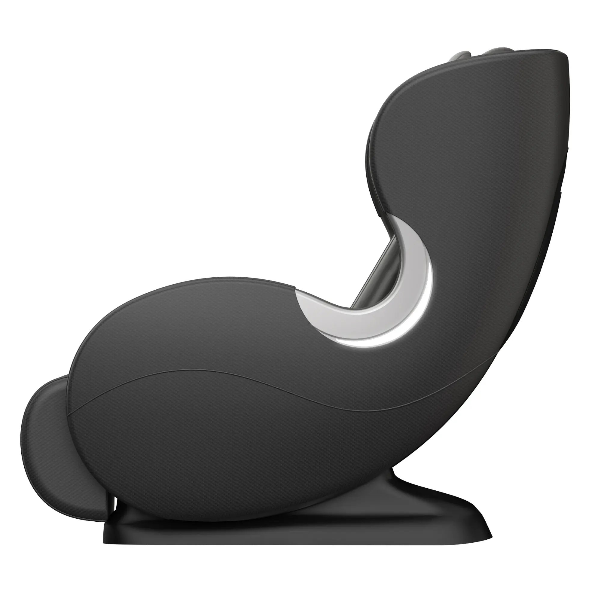 Black massage chair, side view. Curved design, silver accents. Isolated on white background.