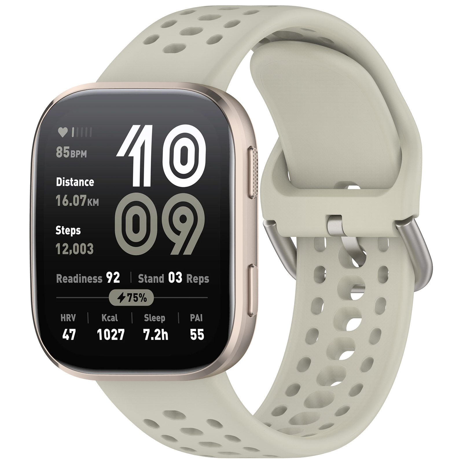 Smartwatch mit beigem Band, das Daten anzeigt: Zeit, Statistiken und Gesundheitsmetriken. Beiges Band und goldfarbene Lünette.