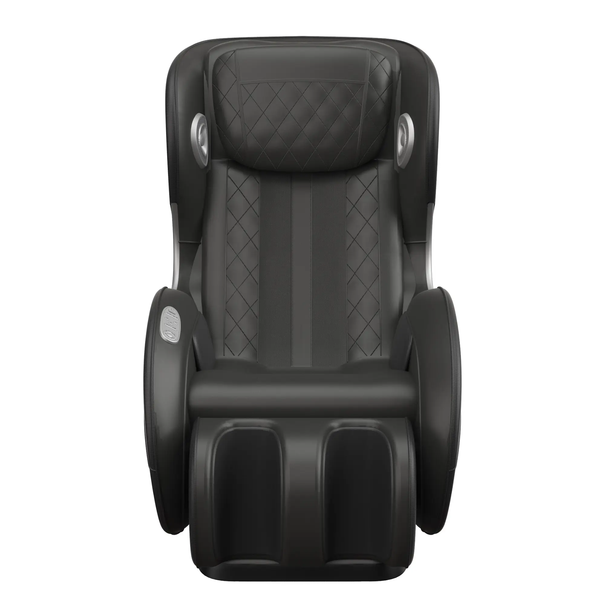 Black massage chair, front view. Diamond pattern design, silver accents. Isolated on white background.