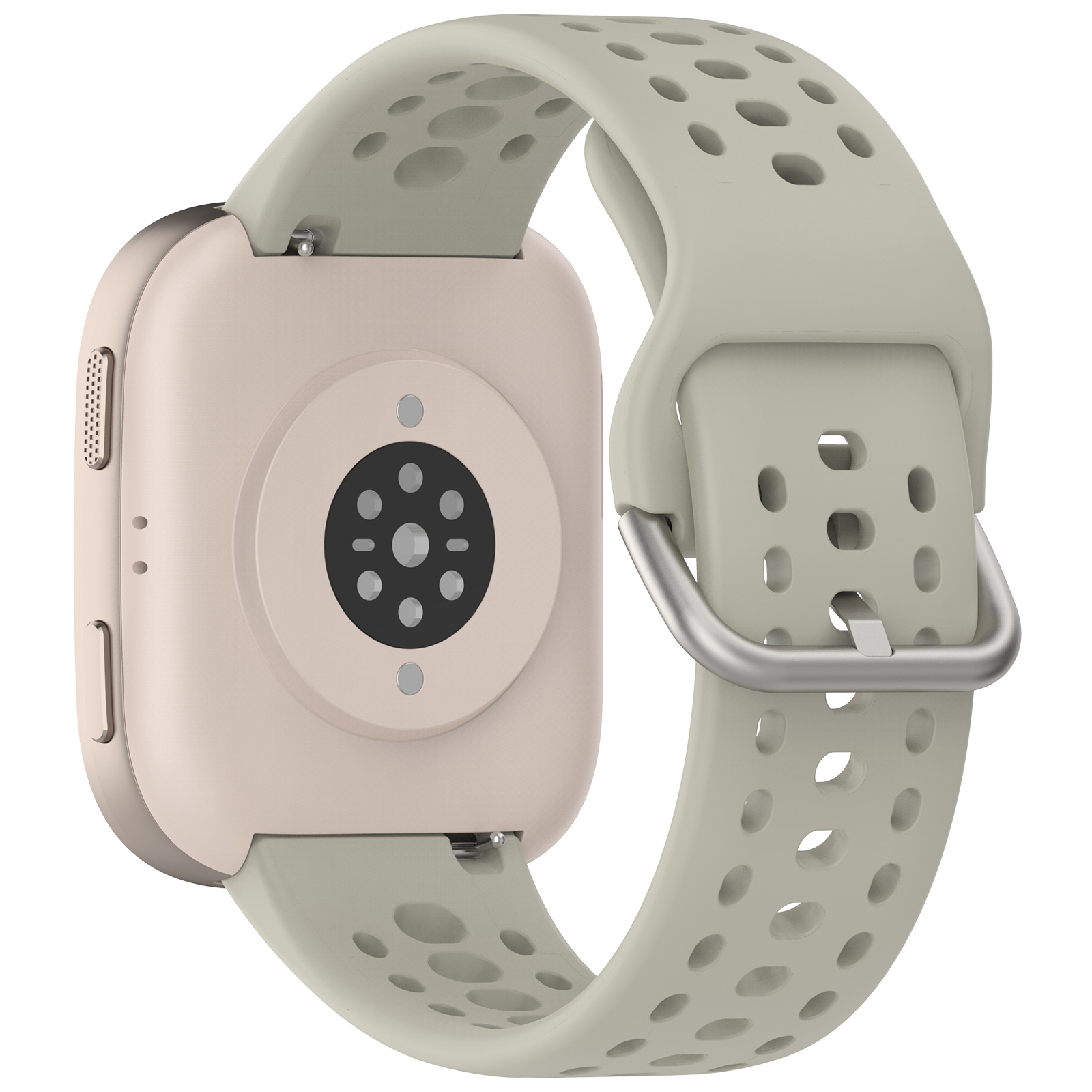 Smartwatch-Rückseite mit beigem Gehäuse und hellgrünem Band. Sensor und Ladepunkte sichtbar. Isoliert auf weiß.