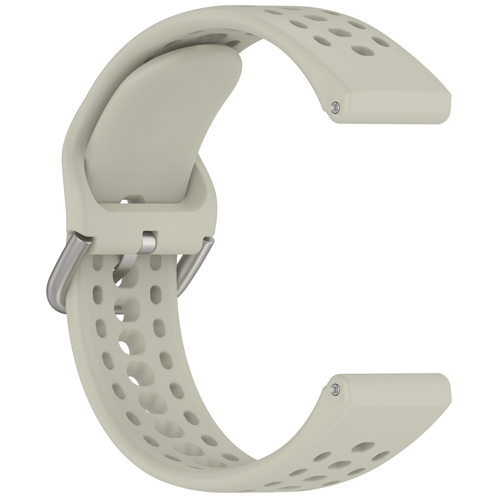 Beiges Smartwatch-Armband, gebogen und mit Löchern perforiert. Silberne Schnalle. Isoliert auf weißem Hintergrund.