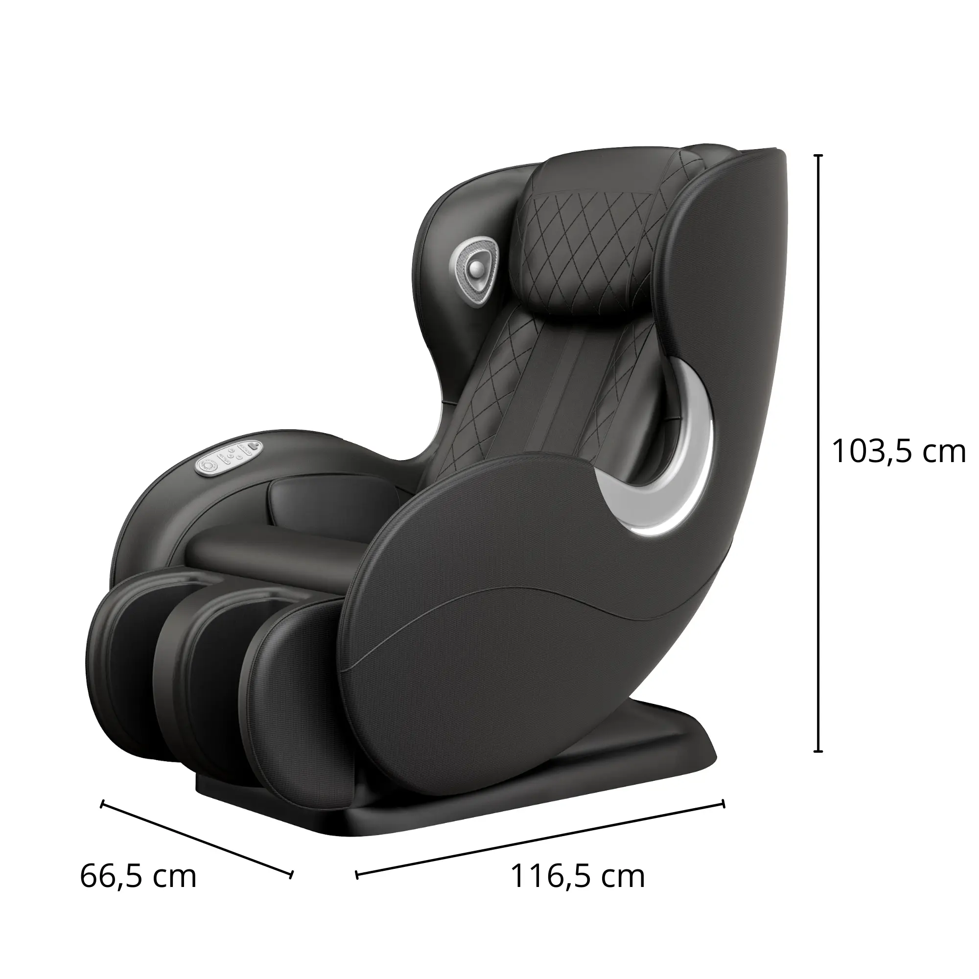 Black massage chair with dimensions. Features include a diamond-patterned back and silver accents.