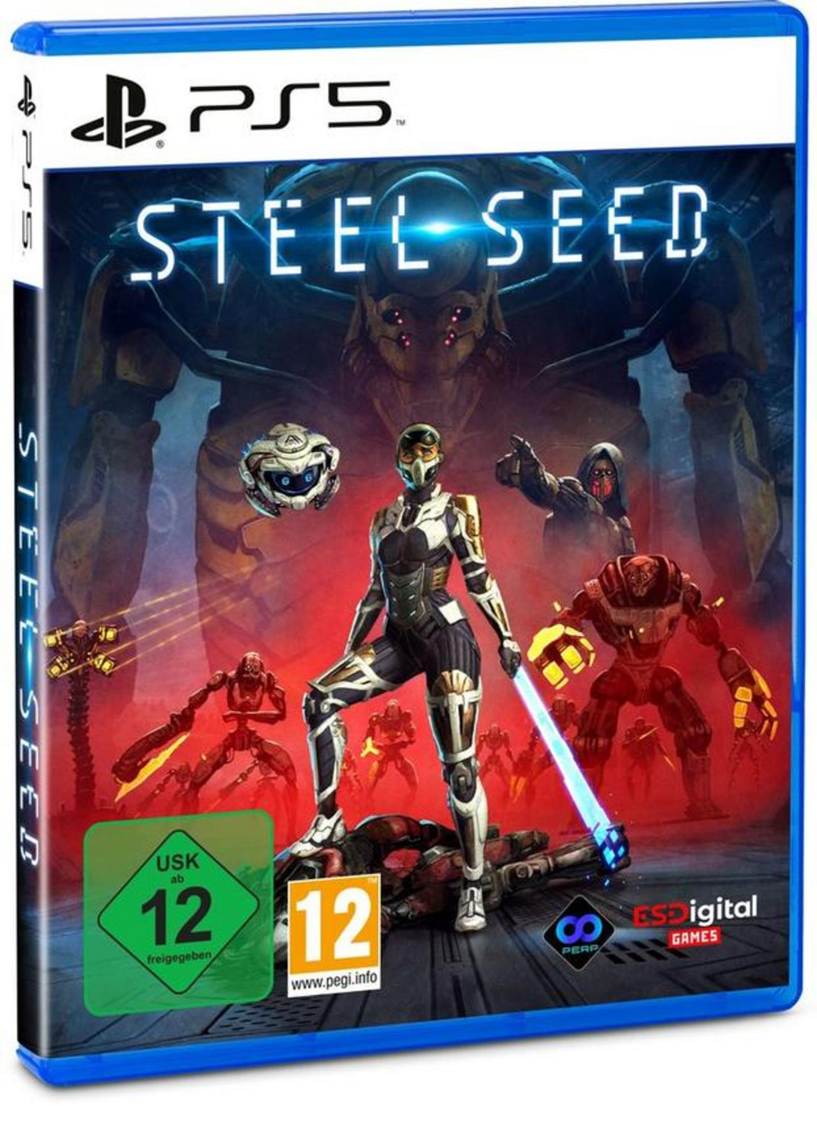PS5-Spielbox für Steel Seed. Enthält Spielfiguren und Logo. Dunkle Sci-Fi-Szene im Hintergrund.