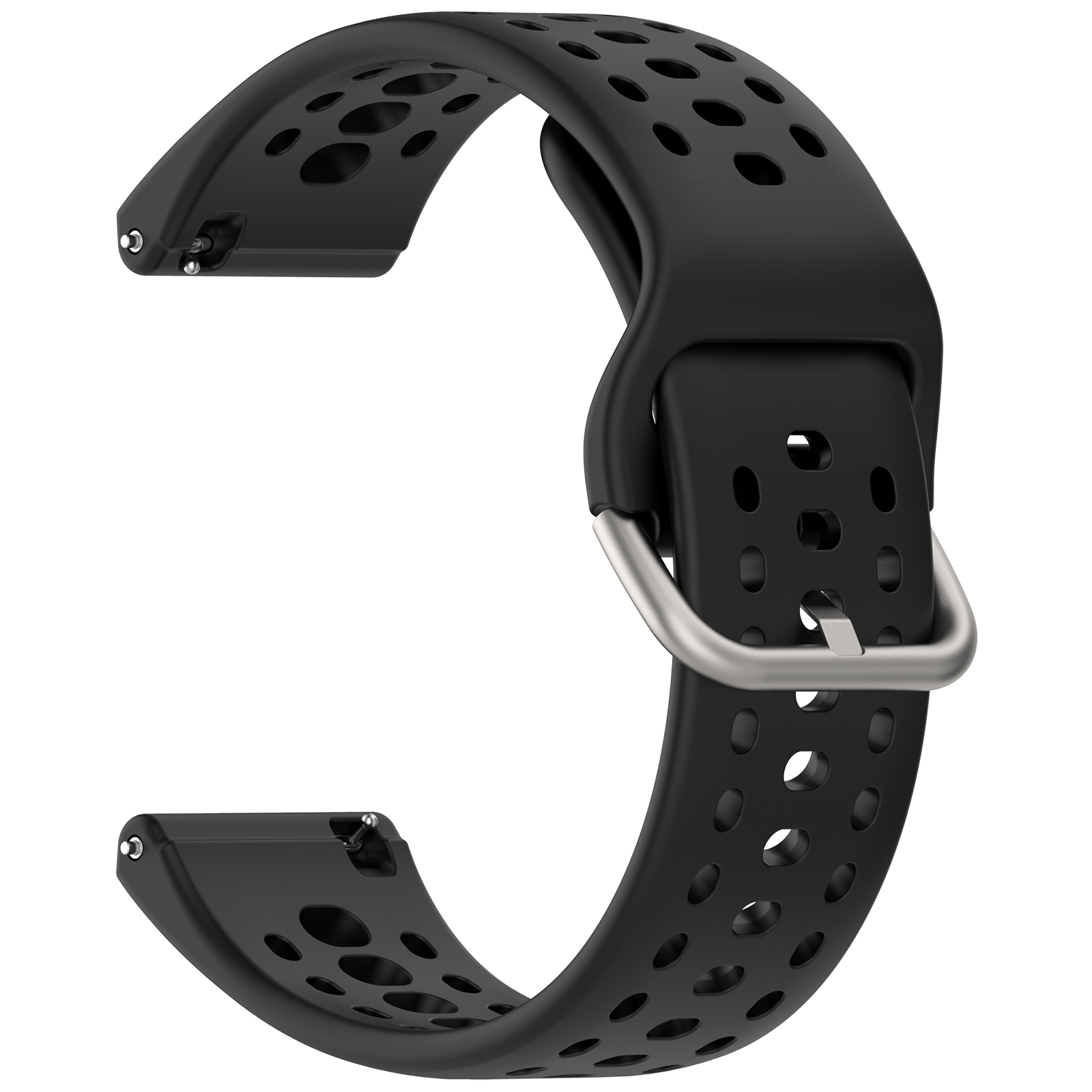 Cinturino per smartwatch nero, curvo e perforato. Fibbia argentata. Isolato su sfondo bianco.