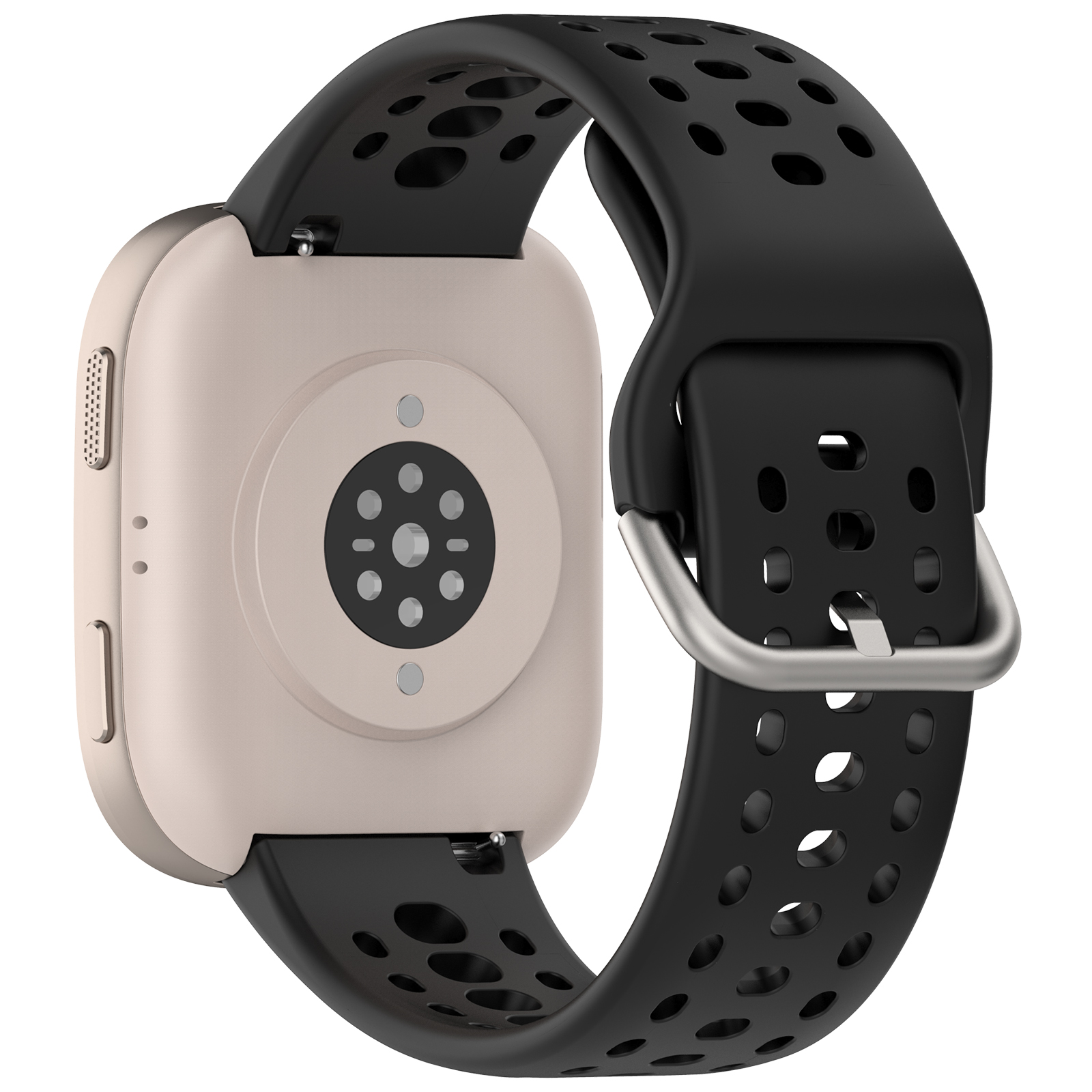 Retro smartwatch con cassa beige e cinturino nero. Sensore e punti di ricarica visibili. Bianco.