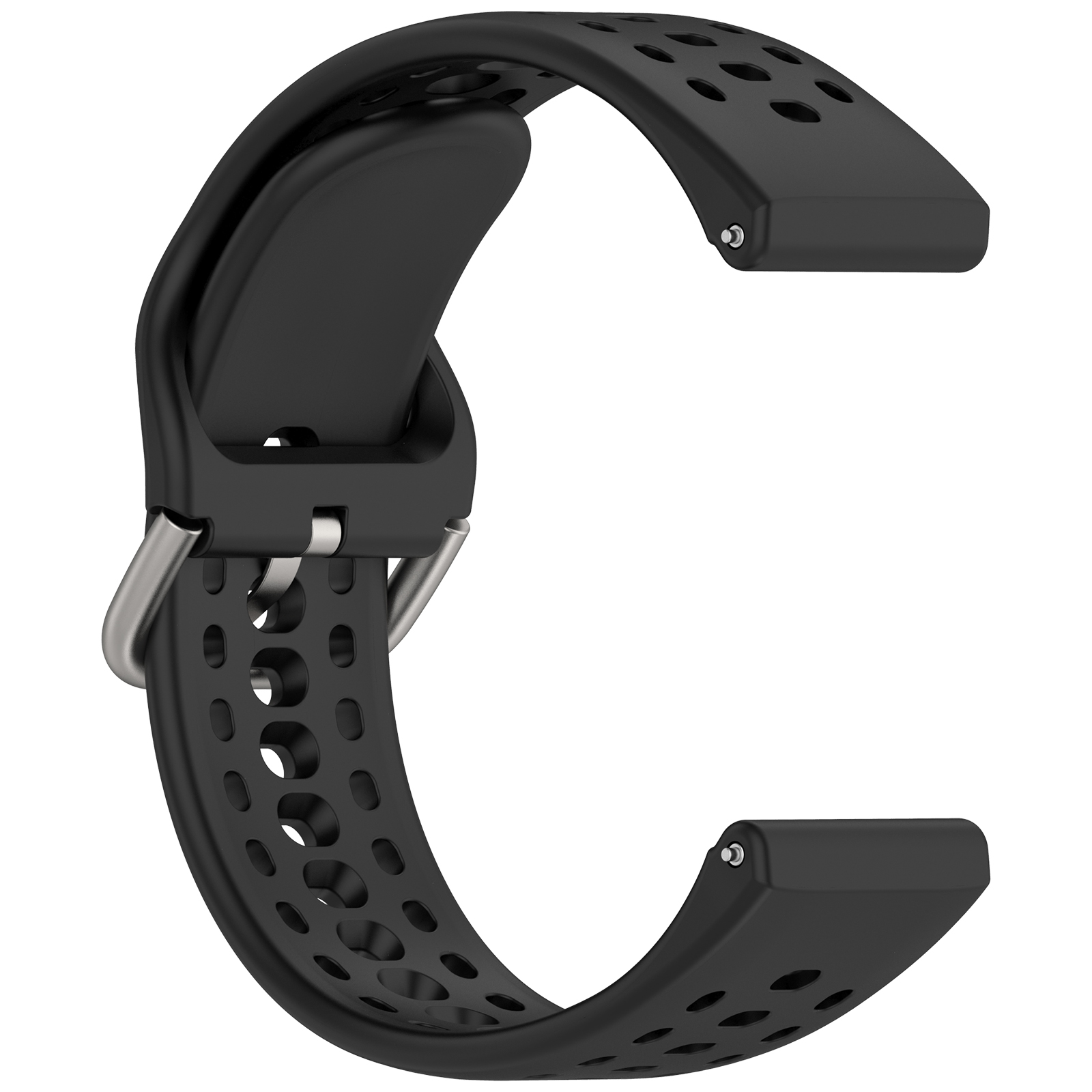 Cinturino nero con forma curva e fori. Con chiusura in metallo.