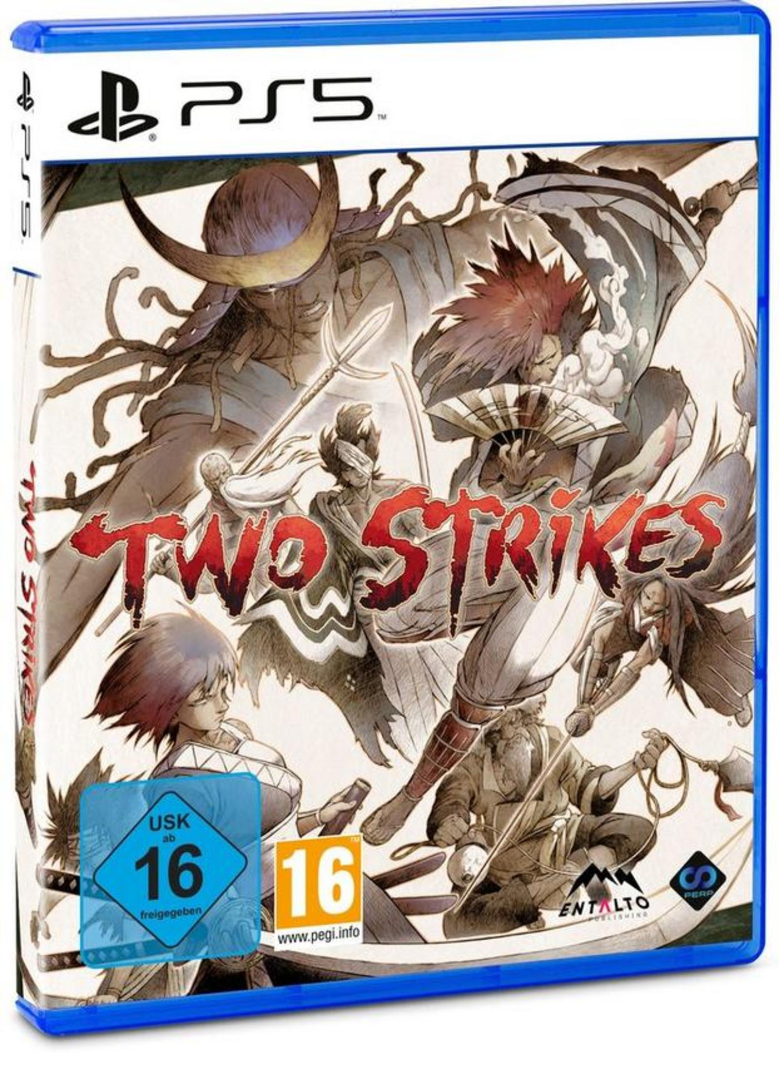 PS5-Spielbox-Art für 'Two Strikes' mit stilisierten Charakteren. USK 16-Rating ist sichtbar.