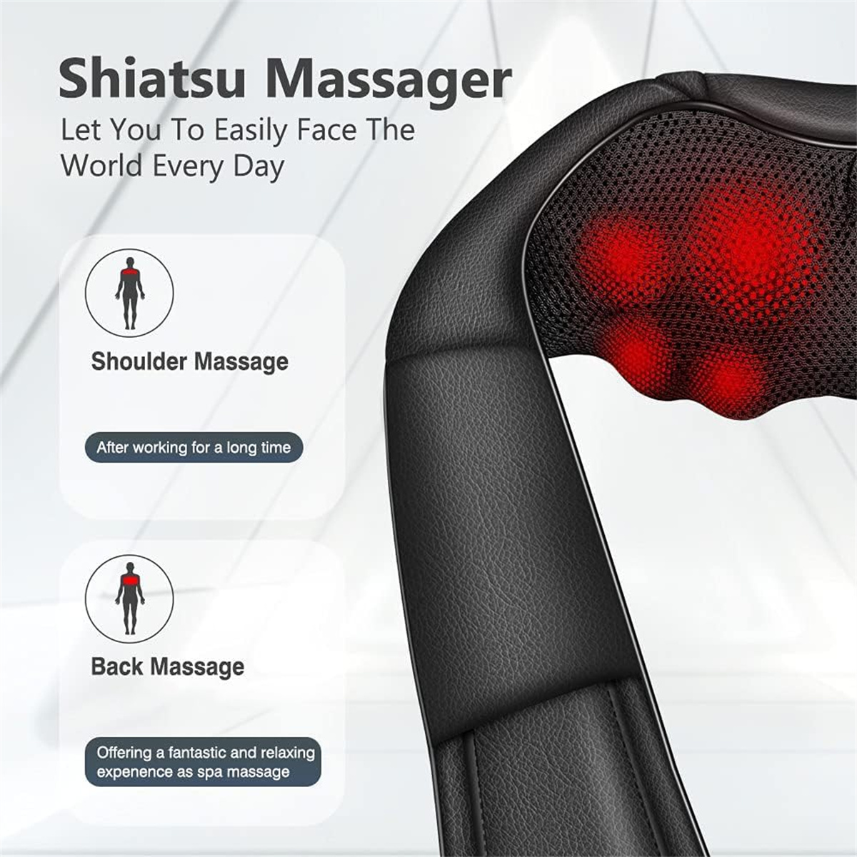 Ein schwarzes Shiatsu-Massagegerät mit roten Lichtern und Text über Schulter- und Rückenmassage.
