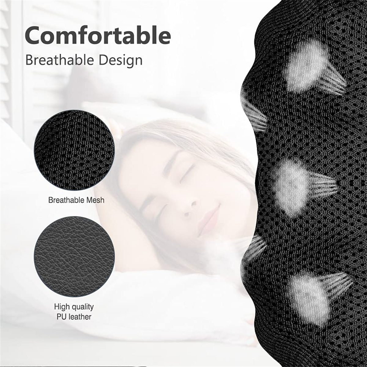 Schwarzes Mesh und PU-Leder, mit Text über komfortables und atmungsaktives Design.