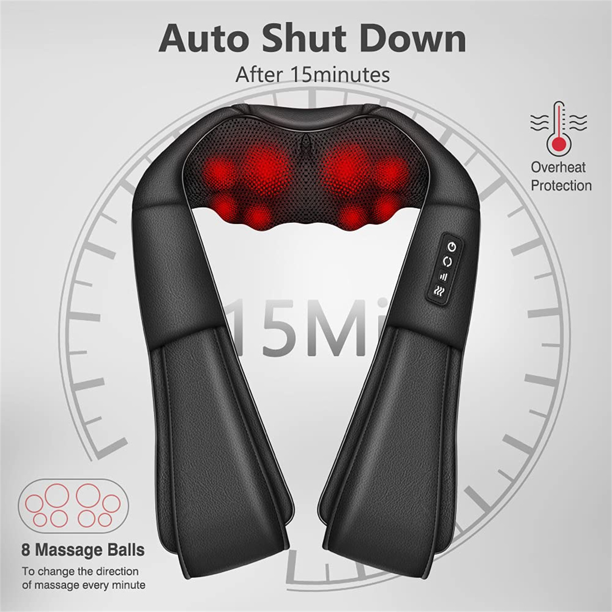 Schwarzes Nackenmassagegerät mit roten Massagekugeln, Bedienknöpfen und Text, der die automatische Abschaltung nach 15 Minuten anzeigt.