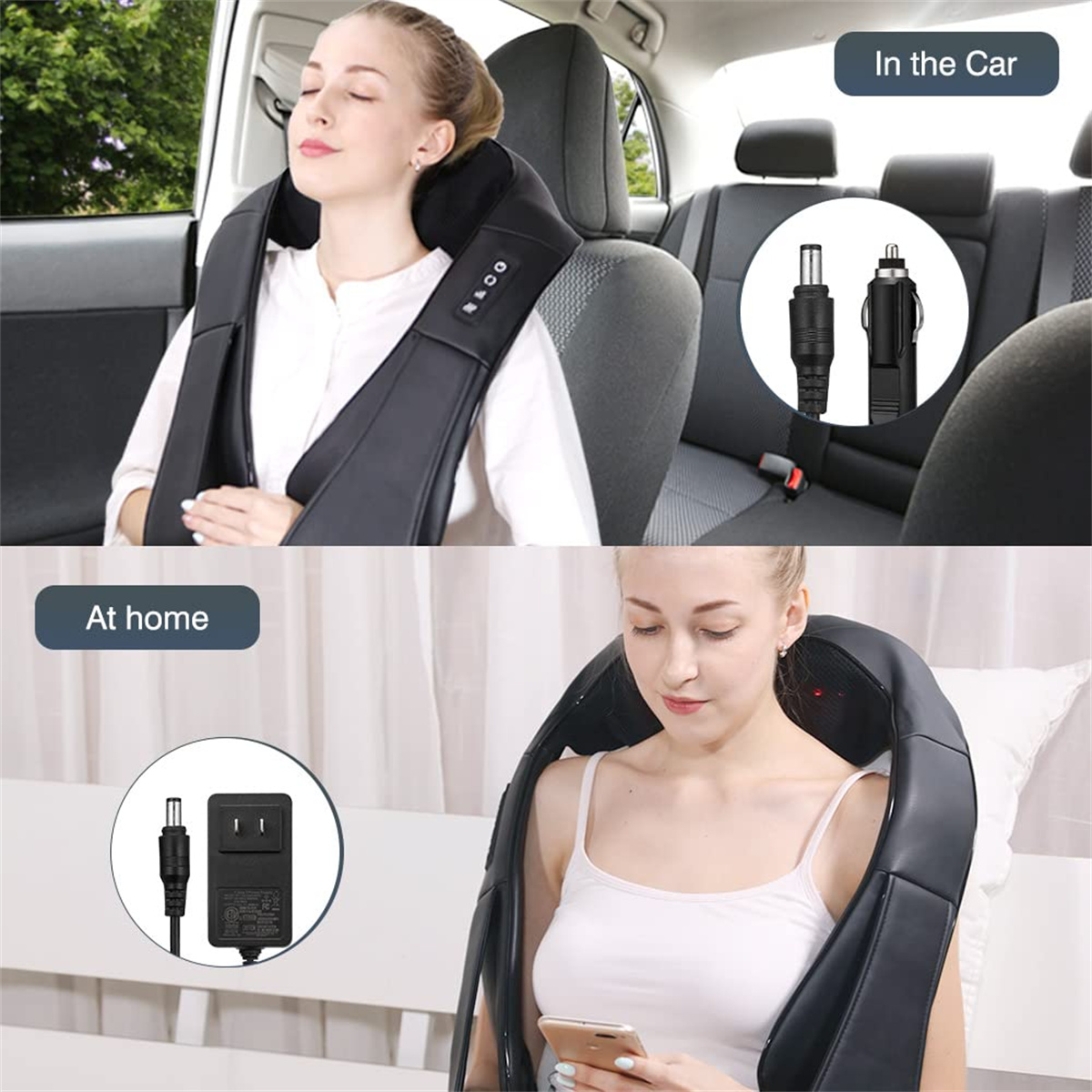 Frau benutzt Nackenmassagegerät zu Hause und im Auto, mit Ladegerät.