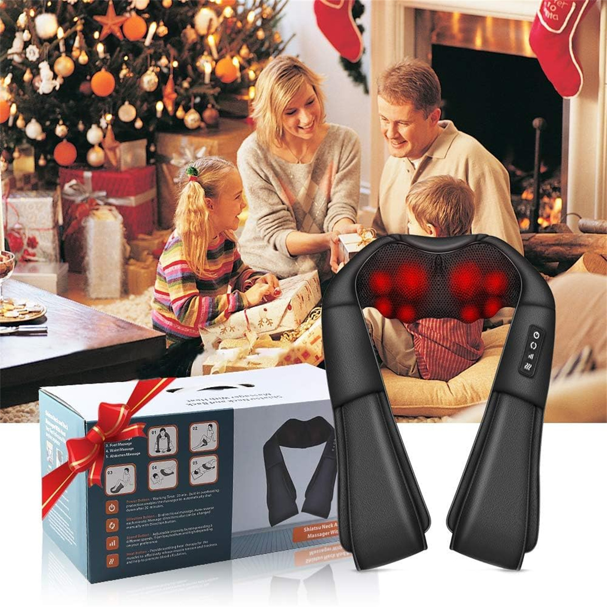 Eine Familie versammelt sich in der Nähe eines Weihnachtsbaums, und ein Massagegerät befindet sich auf der Verpackung.