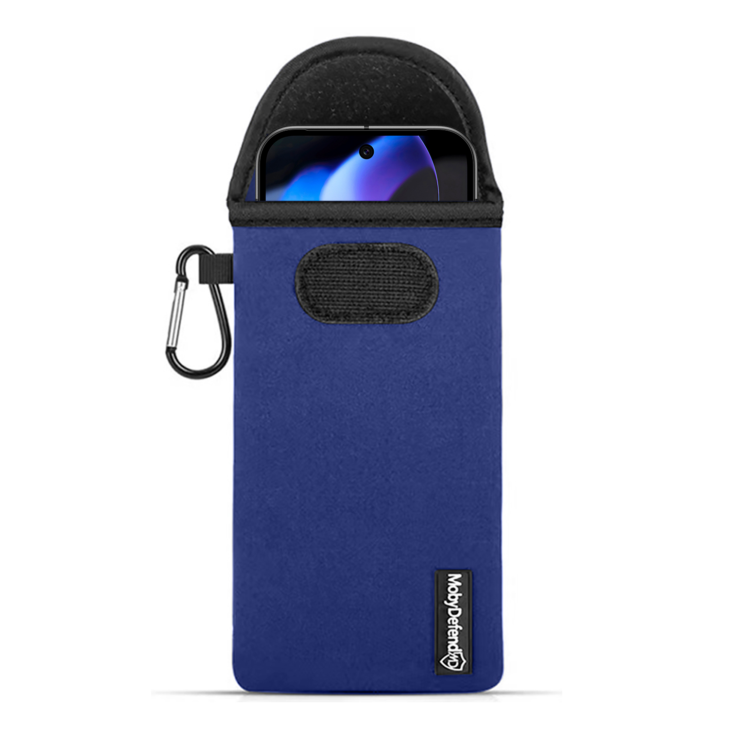 Een blauwe telefoonhoes met een zwarte bovenkant en een zilveren karabijnhaak.