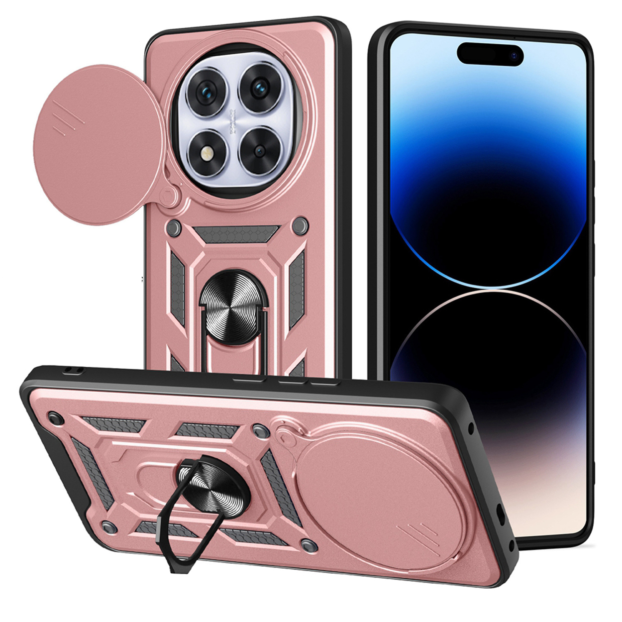 Roze telefoonhoes met cameralensafdekking, ringhouder en een telefoon erin.
