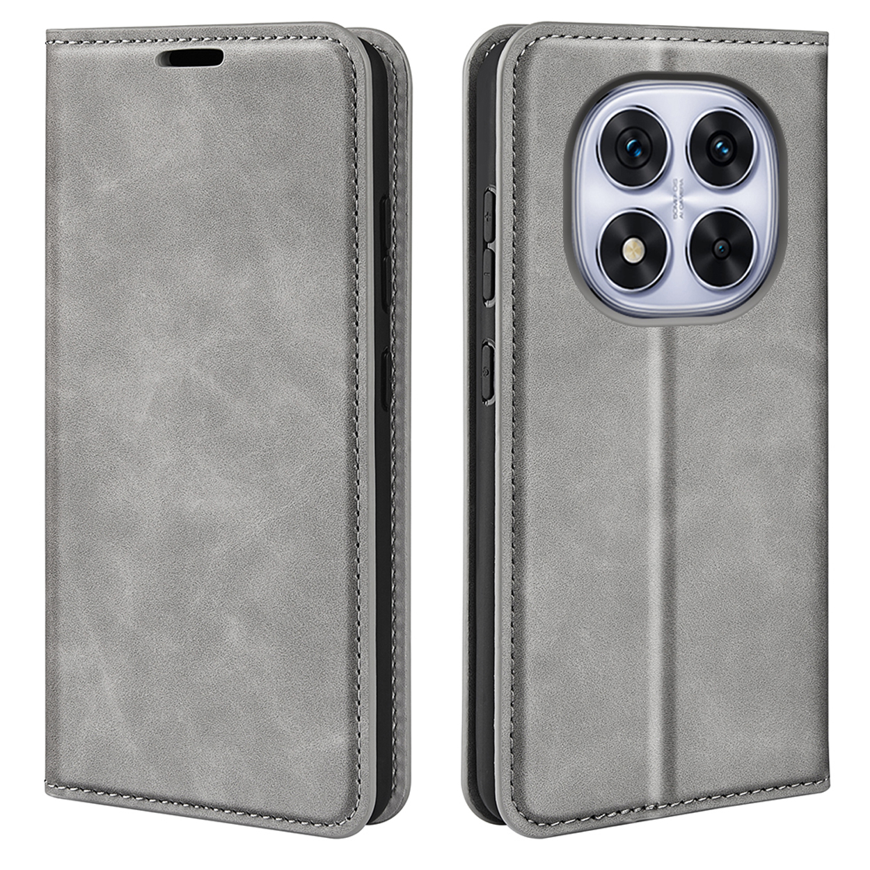 Grijze leren telefoonhoes, gesloten en open. Toont telefoon met cameralenzen en stiksels.