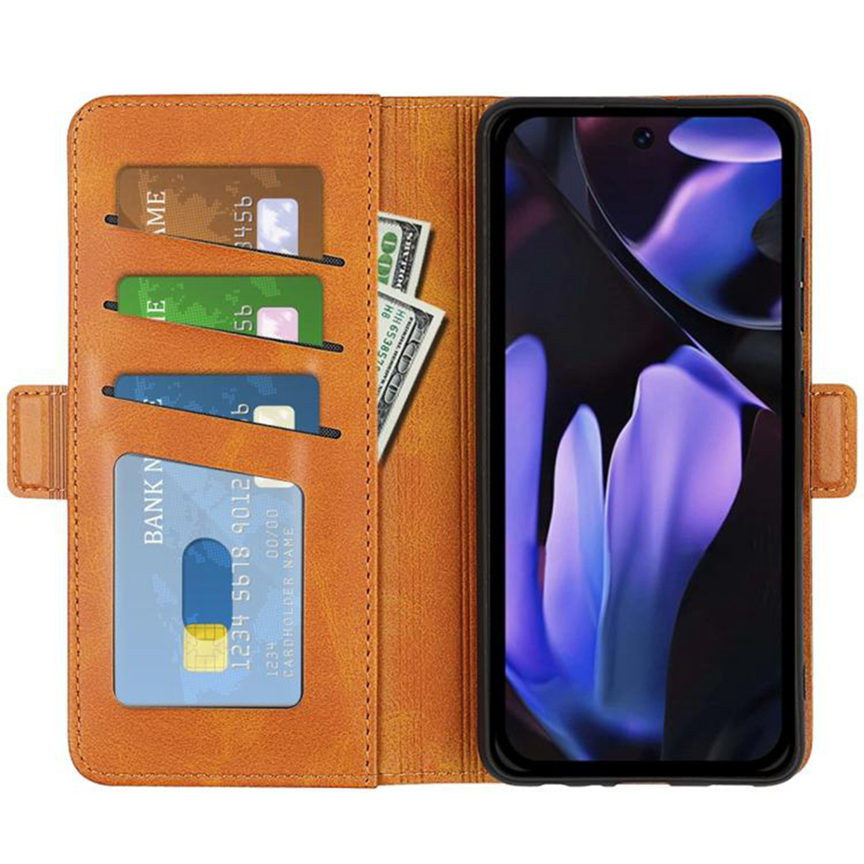 Bruine leren telefoonhoes open, met kaarten, contant geld en telefoon. Toont scherm en sleuven.