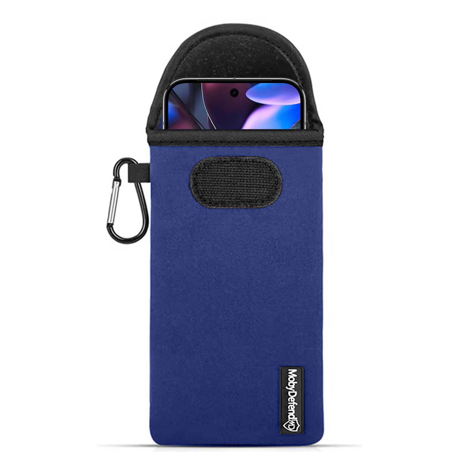 Blauwe telefoonhoes met zwarte telefoon erin. Inclusief karabijnhaak.