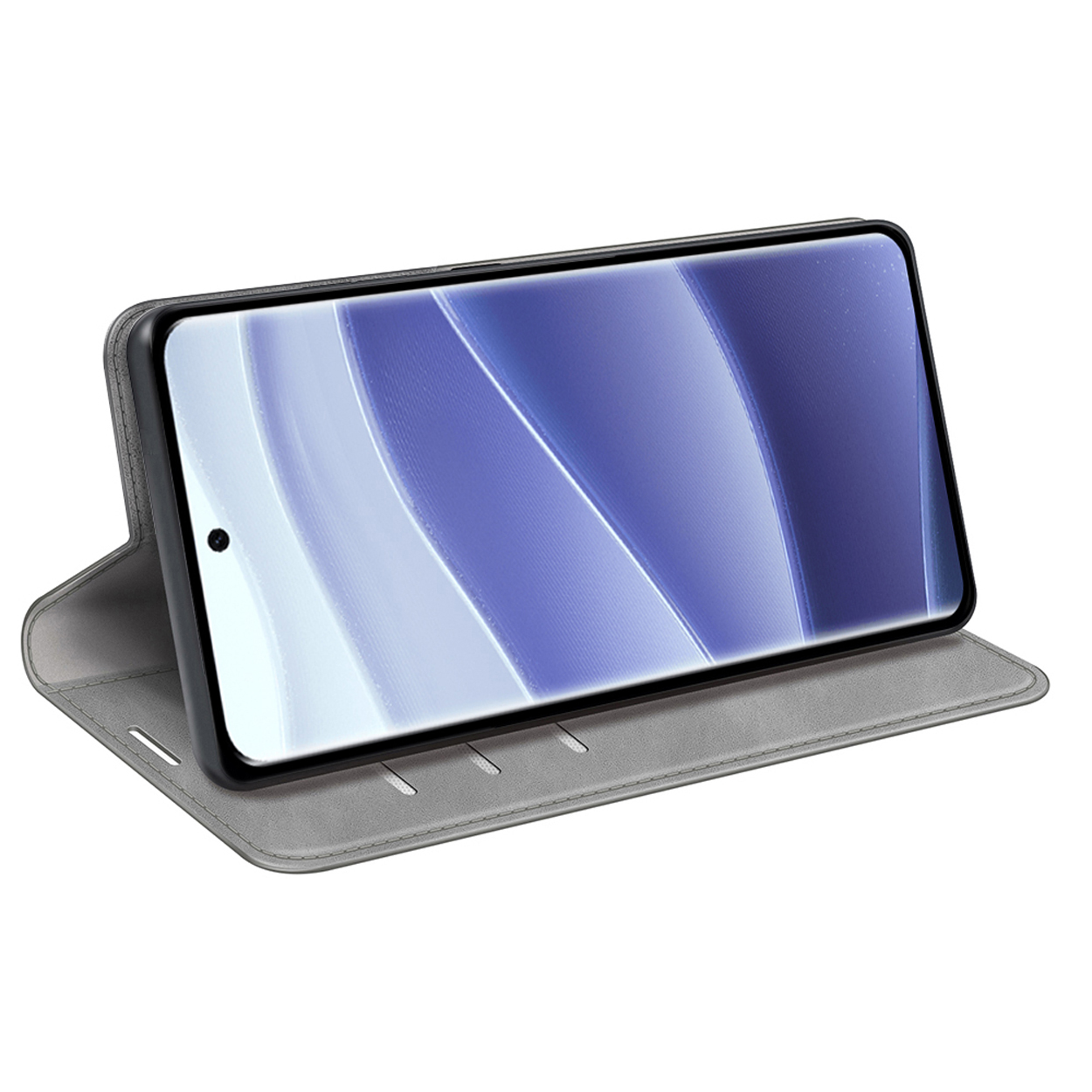 Grijze telefoonhoes, open, met een zwarte telefoon erin. Toont scherm en hoesdetails.