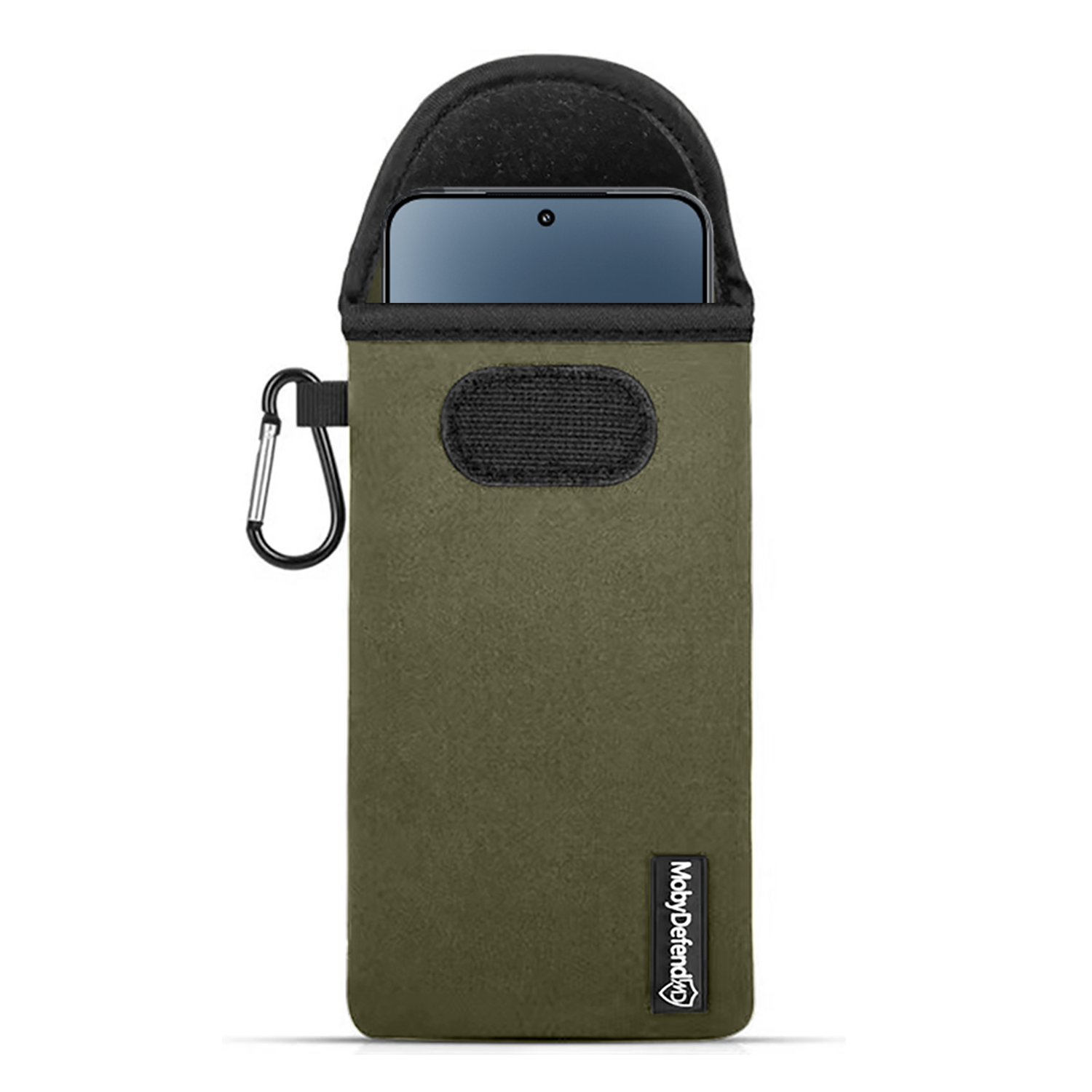 Olijfgroene telefoonhoes met zwarte telefoon erin. Inclusief karabijnhaak.