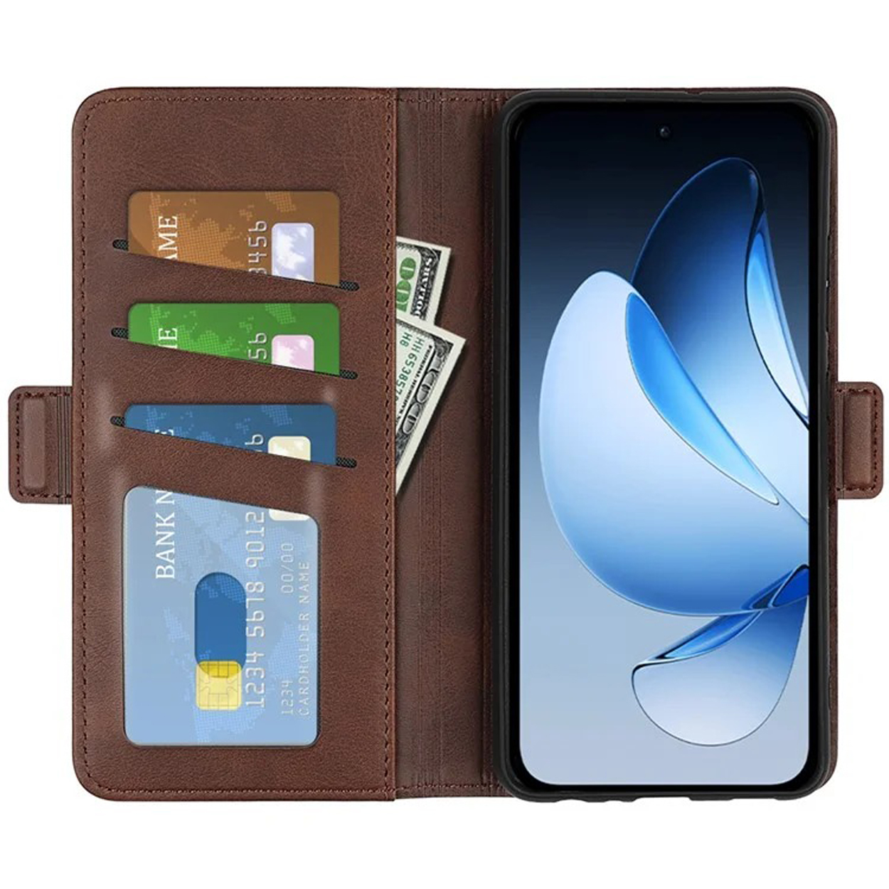 Bruine portemonnee telefoonhoes met kaarten, contant geld en een telefoon met een schermontwerp.