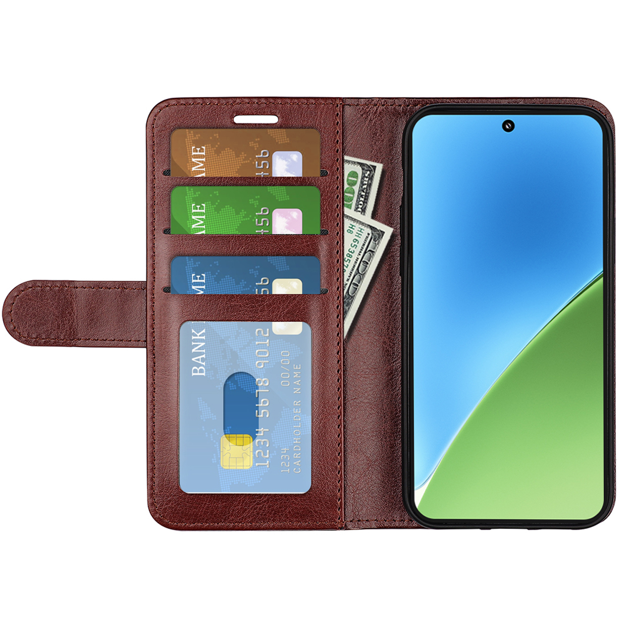 Bruine telefoonhoes open, met kaarten, contant geld en telefoon. Toont scherm en sleuven.