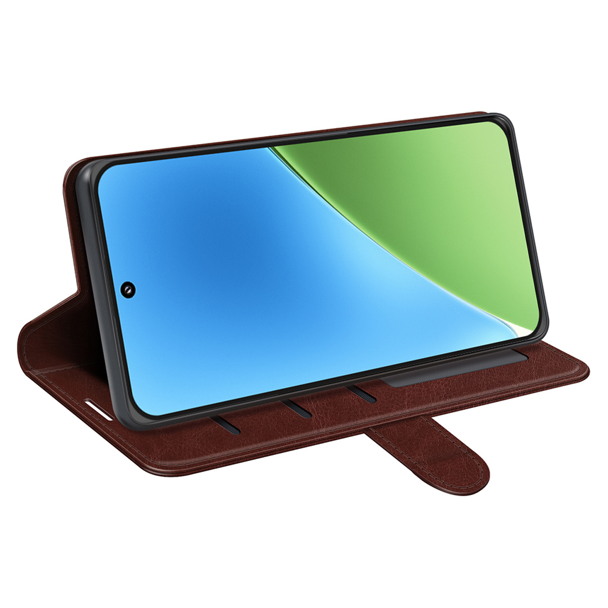 Bruine leren telefoonhoes, open om een telefoon met een blauw en groen scherm te onthullen.
