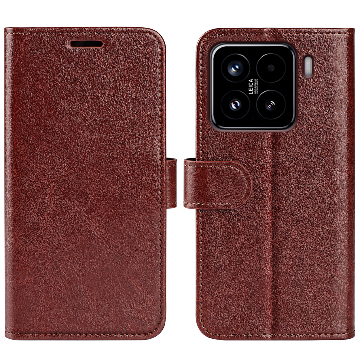 Bruine leren telefoonhoes, open om de Leica-cameratelefoon te tonen. Het heeft een magnetische sluiting.