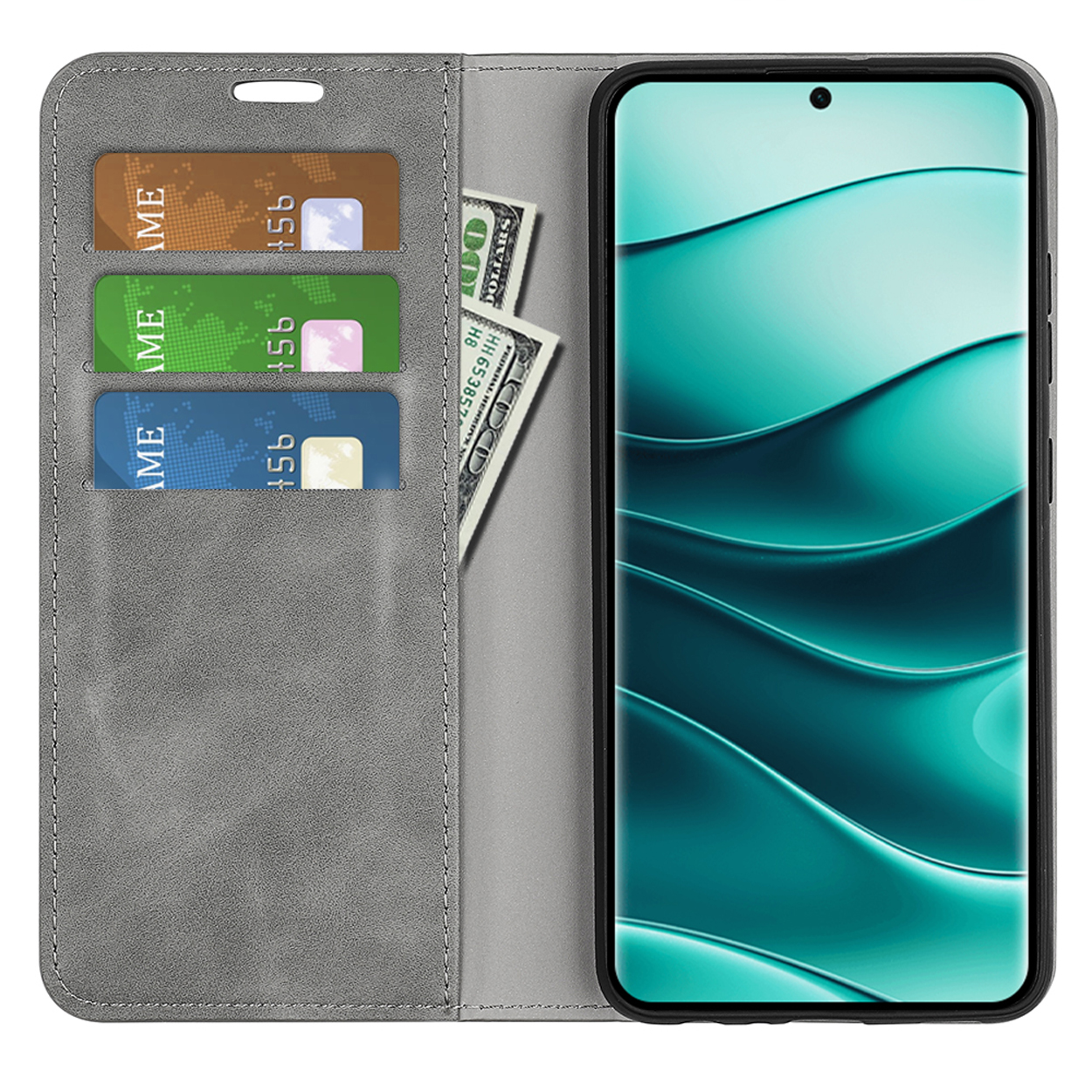 Étui gris ouvert, affichant un téléphone avec un écran vert et des fentes pour cartes avec de l'argent.