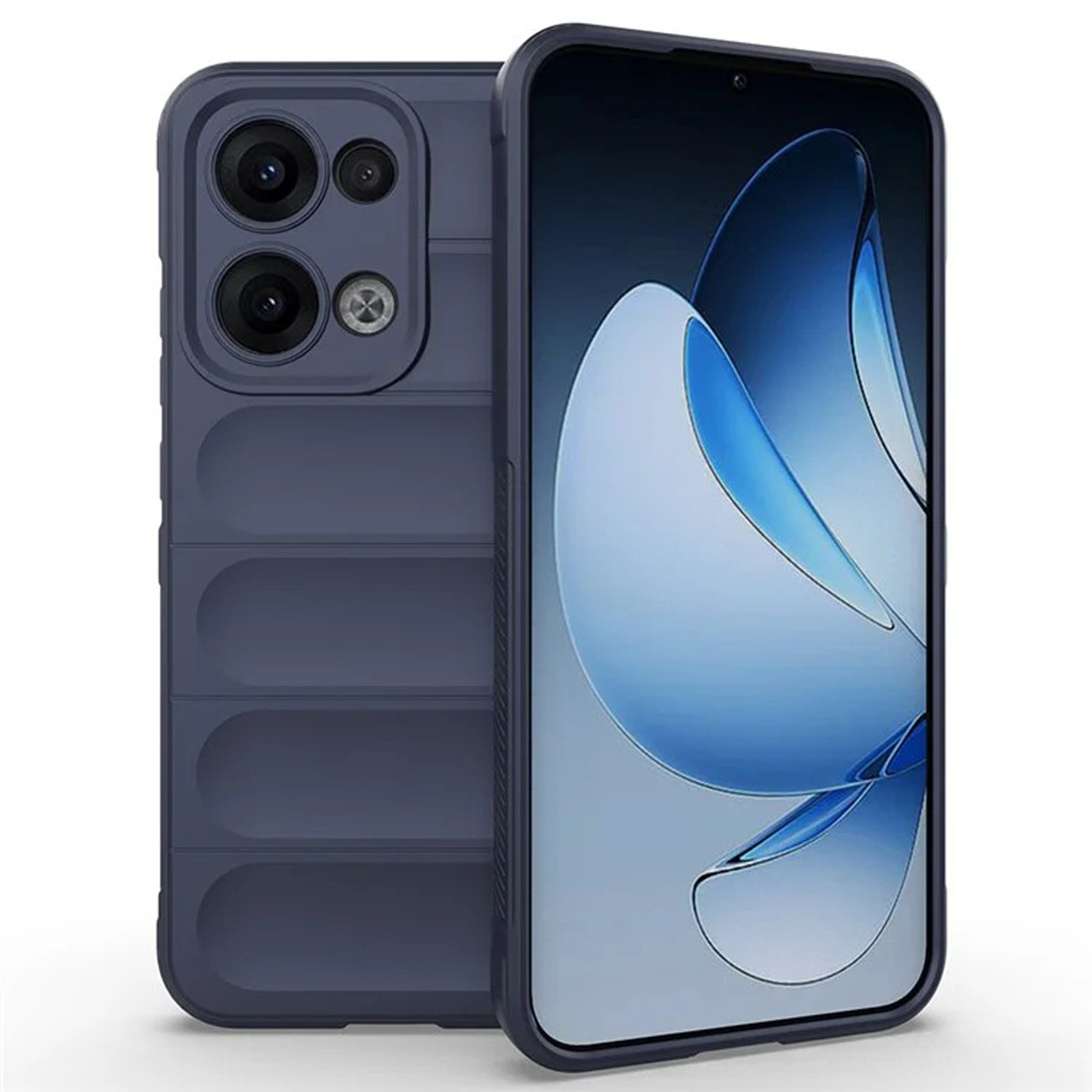 Étui de téléphone bleu foncé avec un téléphone à l'intérieur. Le dos est bleu foncé avec un motif texturé.