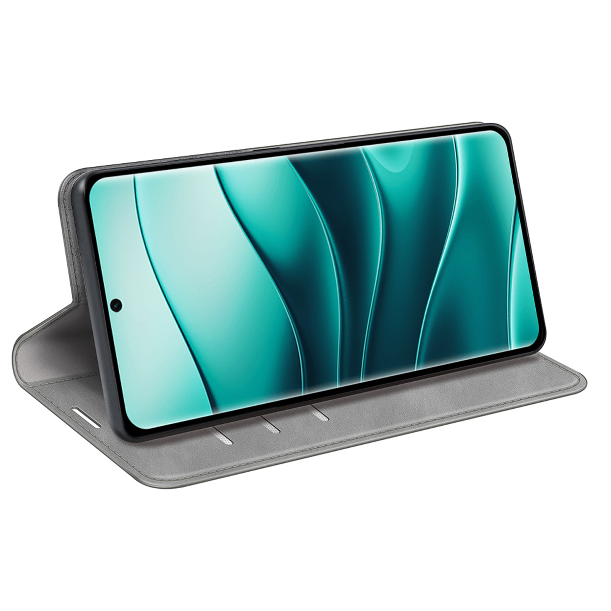 Étui de téléphone gris avec un téléphone. L'écran du téléphone affiche un design vert d'eau.
