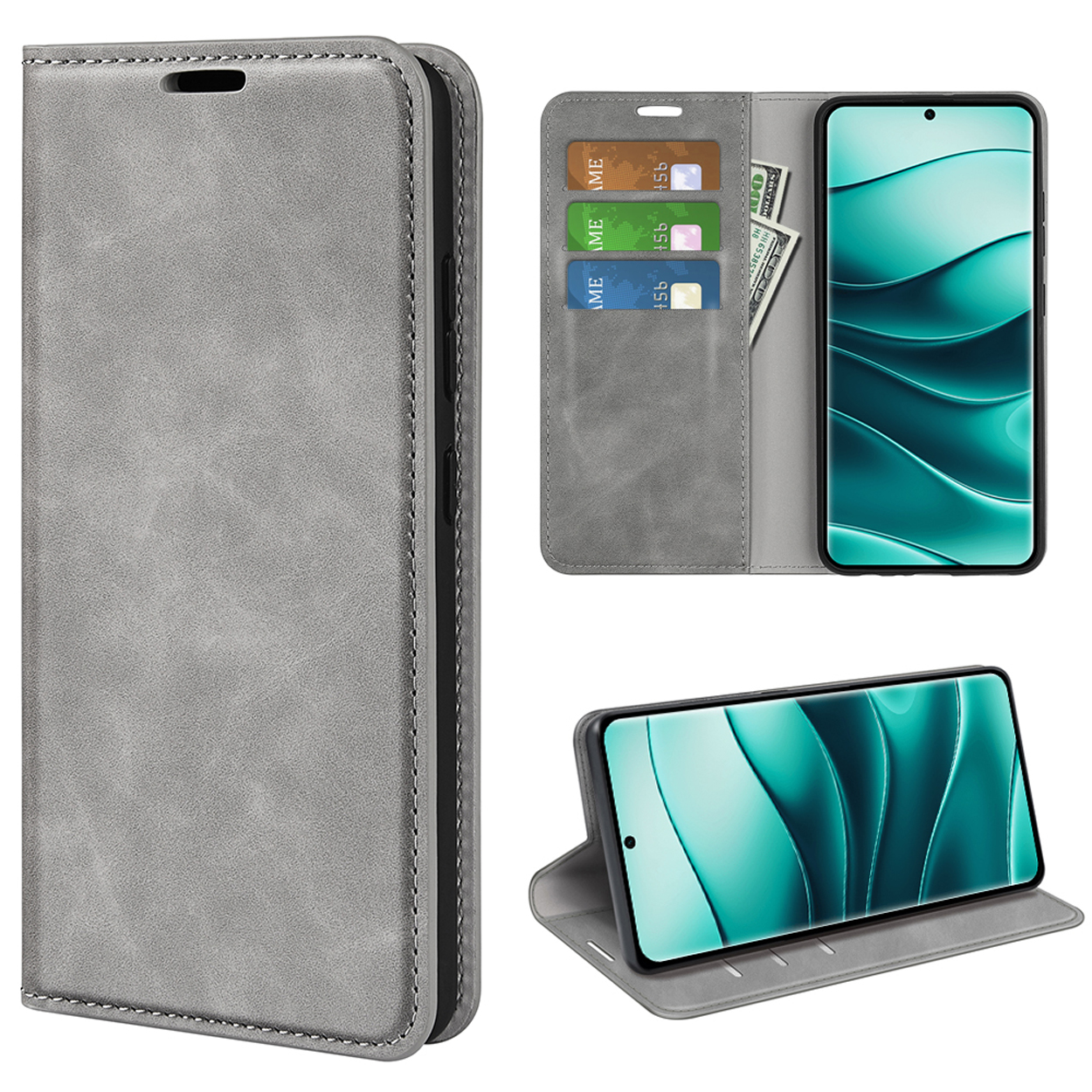 Étui de téléphone gris avec un téléphone à l'intérieur. L'écran du téléphone affiche un design. L'étui est ouvert et plié.