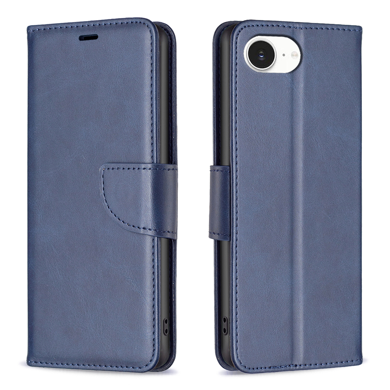 Blauwe leren telefoonhoes, open en dicht. Voorzien van magneetsluiting en camera-uitsparing.