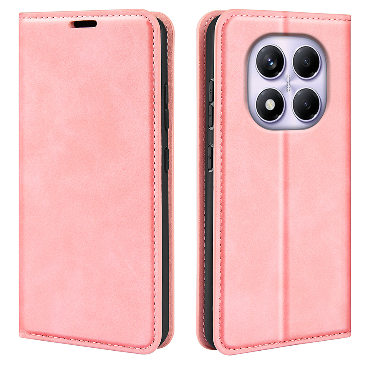 Roze telefoonhoes met een telefoon erin. De telefoon heeft een cameragedeelte aan de achterkant.