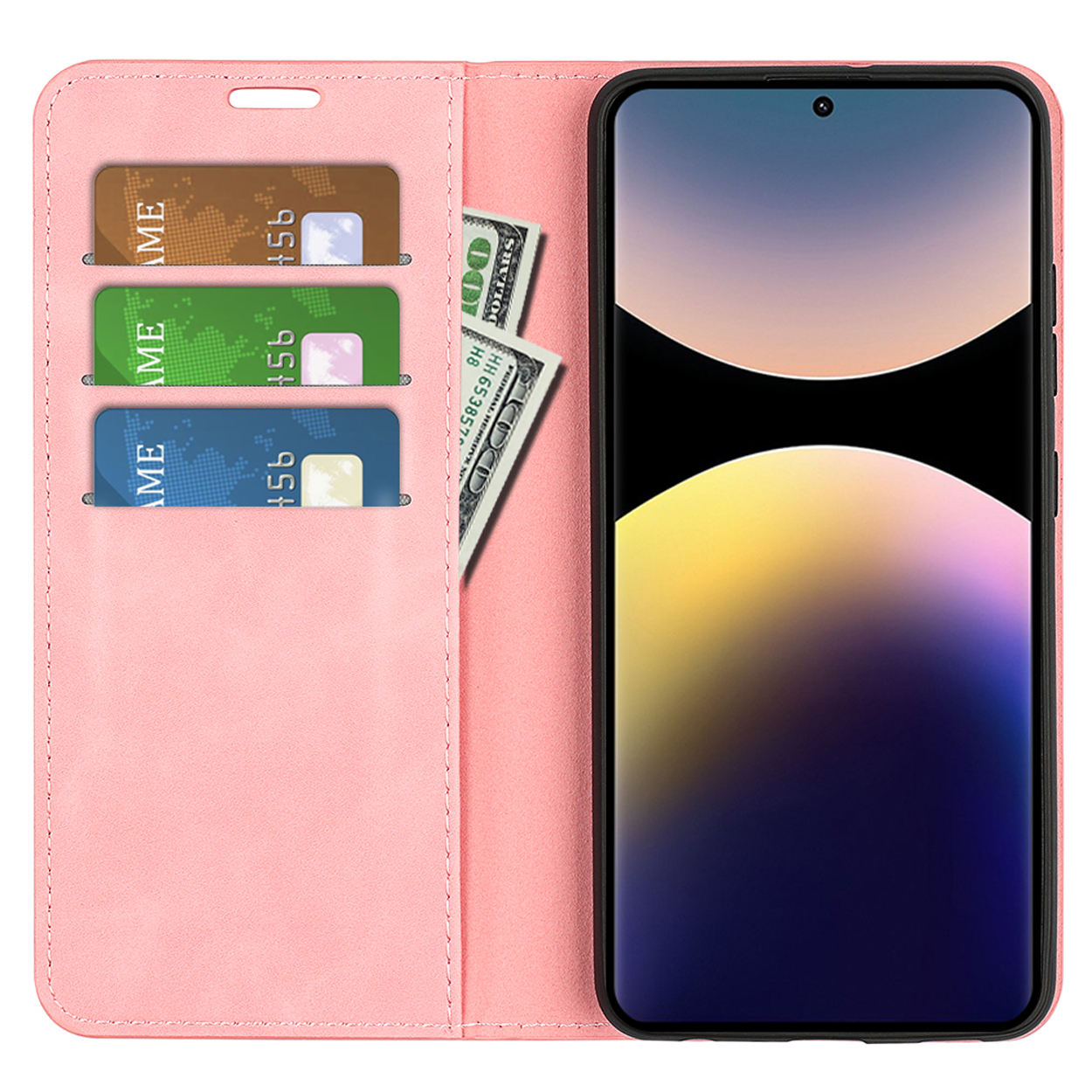 Roze portemonnee telefoonhoes met kaarten, contant geld en een telefoon met een kleurrijk schermontwerp.