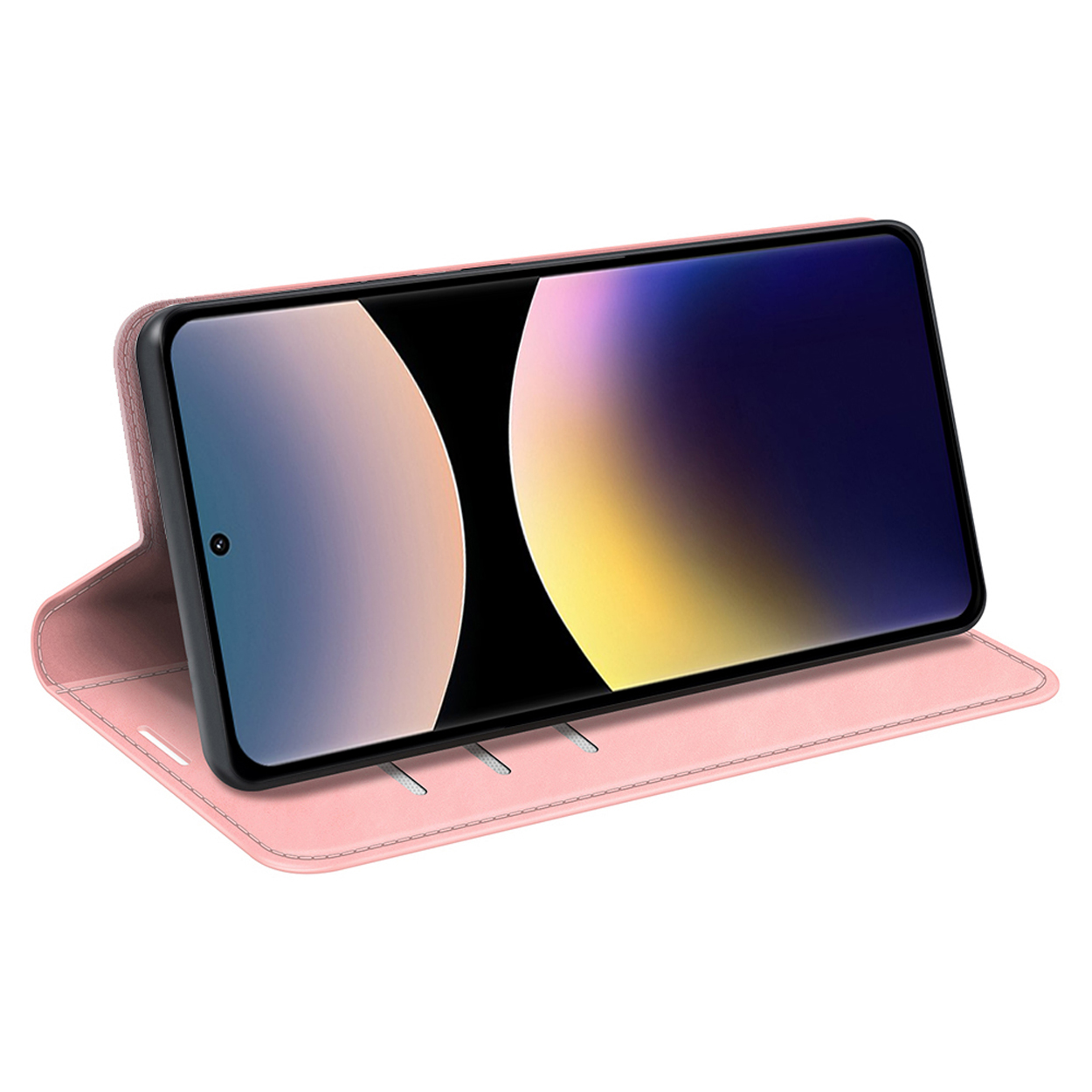 Roze telefoonhoes met telefoon erin. De telefoon toont een verloopachtergrond. De hoes is open.