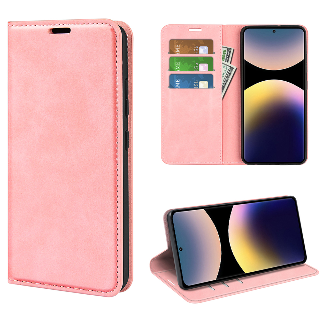 Roze telefoonhoes met telefoon. Heeft ook kaartsleuven en een dollarbiljet. Drie weergaven.