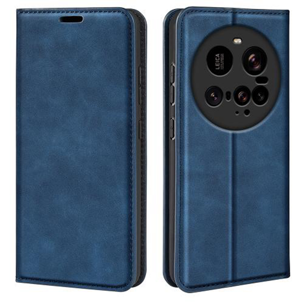 Blauwe, opvouwbare telefoonhoes met Leica-cameragedeelte. Twee zijden, gesloten en open.