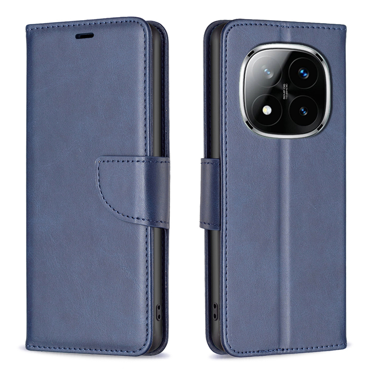 Blauwe telefoonhoes met een gladde afwerking, gesloten weergegeven en met de camera zichtbaar.