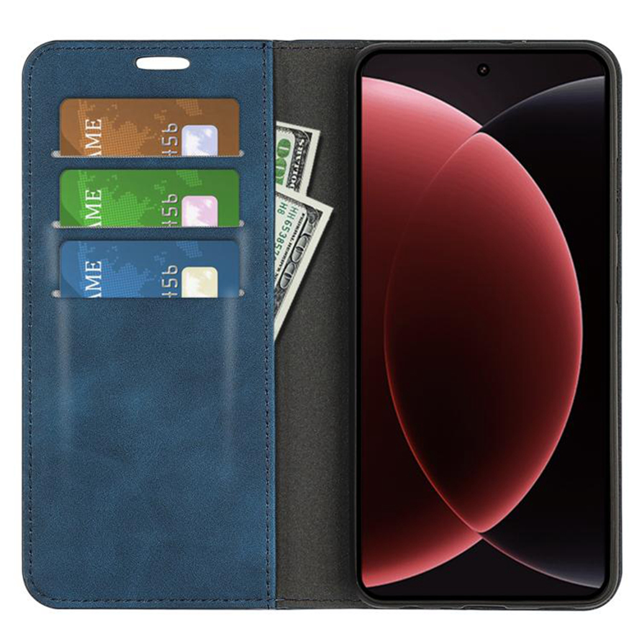Blauwe telefoonhoes met kaarten, contant geld en een telefoon. Het scherm is zichtbaar. Witte achtergrond.