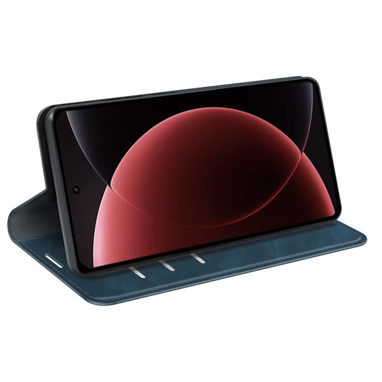 Blauwe telefoonhoes open, met telefoon erin, toont rood en zwart behang.