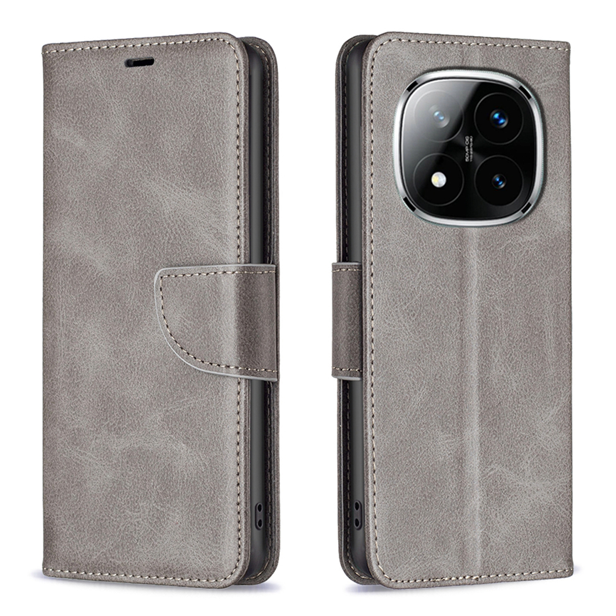 Étui de téléphone en cuir gris, fermé et ouvert, avec un téléphone dedans.