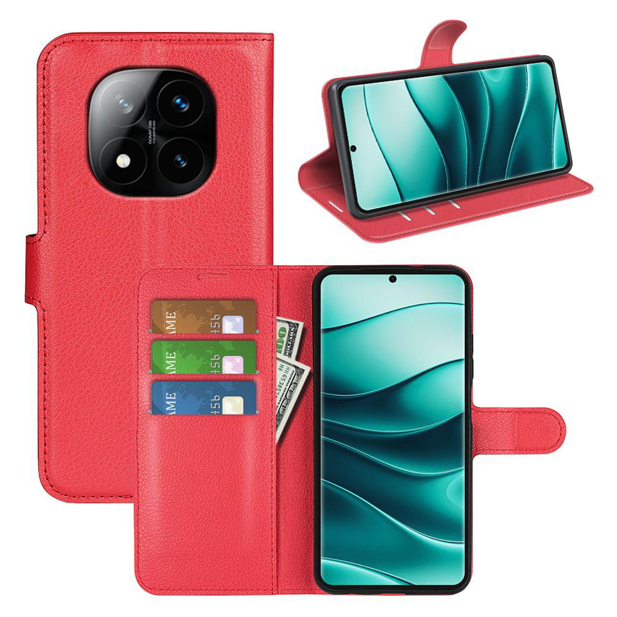 Étui de téléphone en cuir rouge, ouvert avec un téléphone, fentes pour cartes.