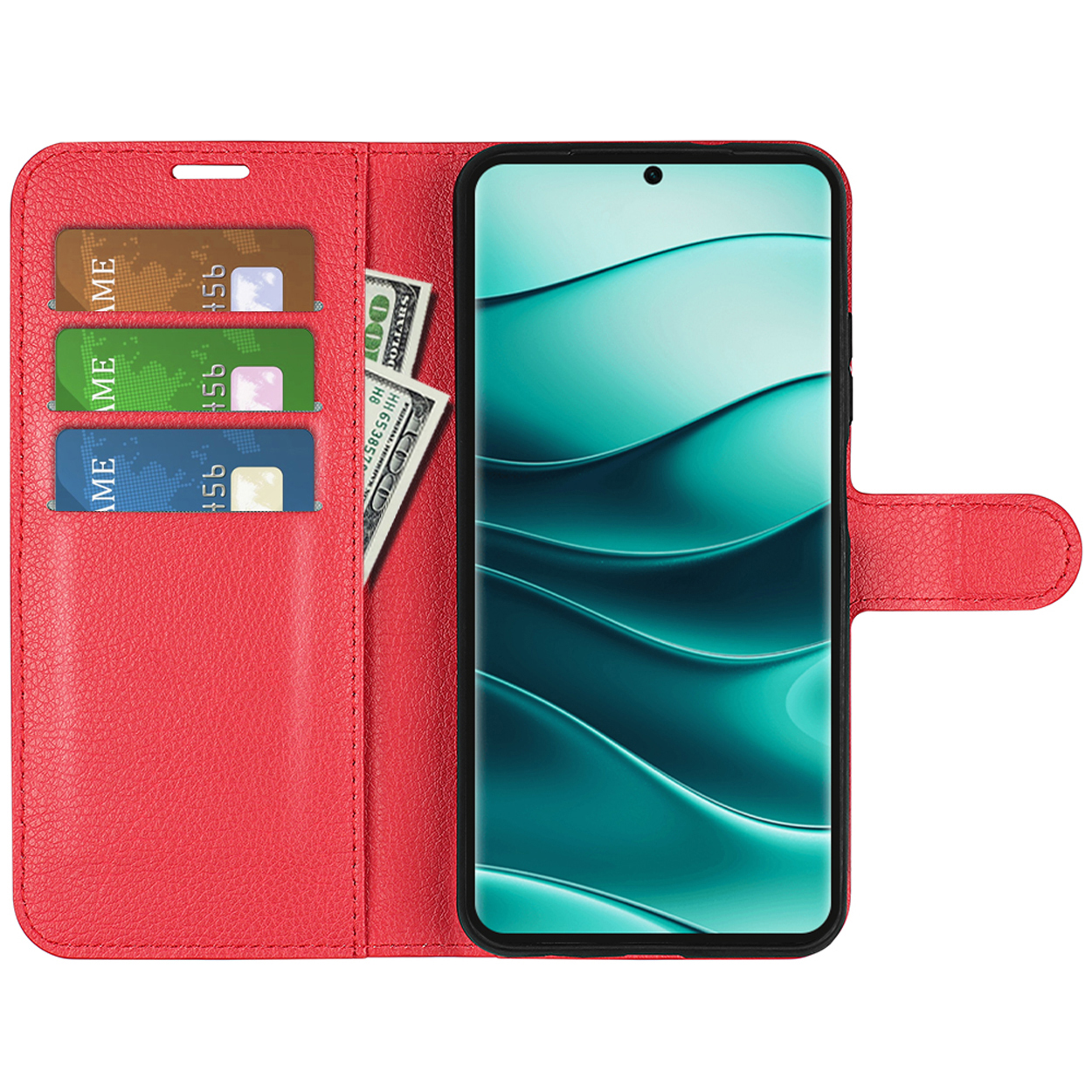 Étui de téléphone rouge ouvert, montrant un téléphone avec des fentes pour cartes, de l'argent liquide et un écran vert/bleu.