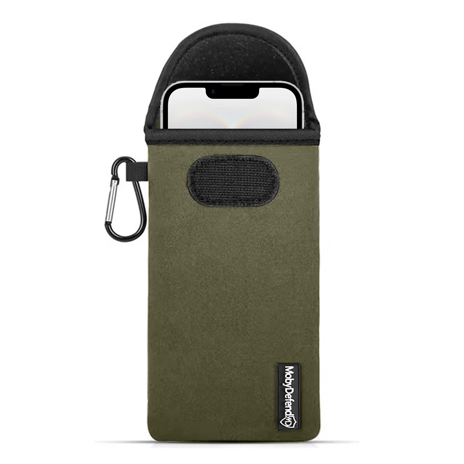 Olijfgroene telefoonhoes met karabijnhaak.