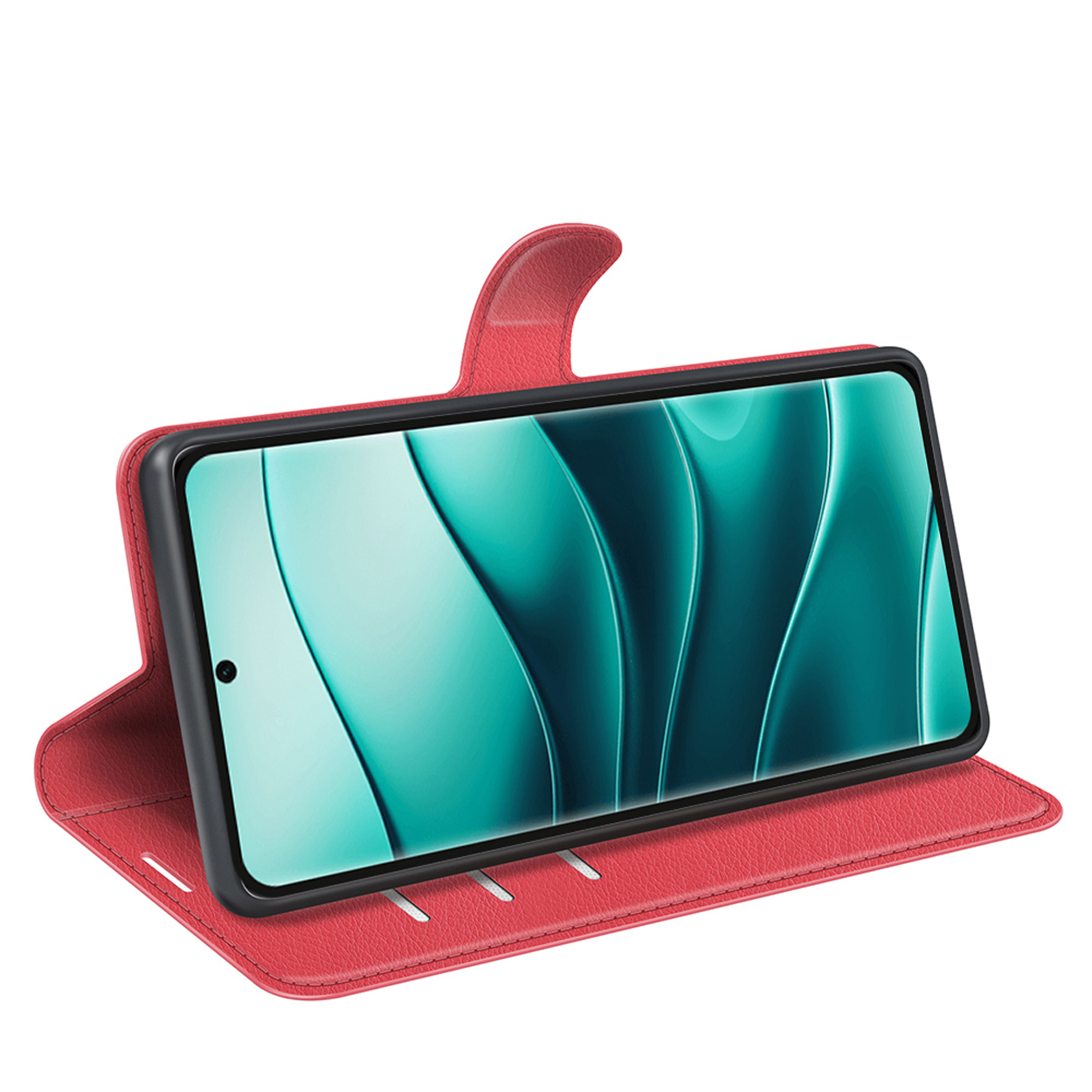 Étui de téléphone rouge ouvert avec un téléphone, fond d'écran vert et bleu.